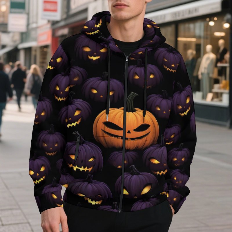 2025 new Halloween coat hooded cardigan men's loose sweater printed zipper top men's