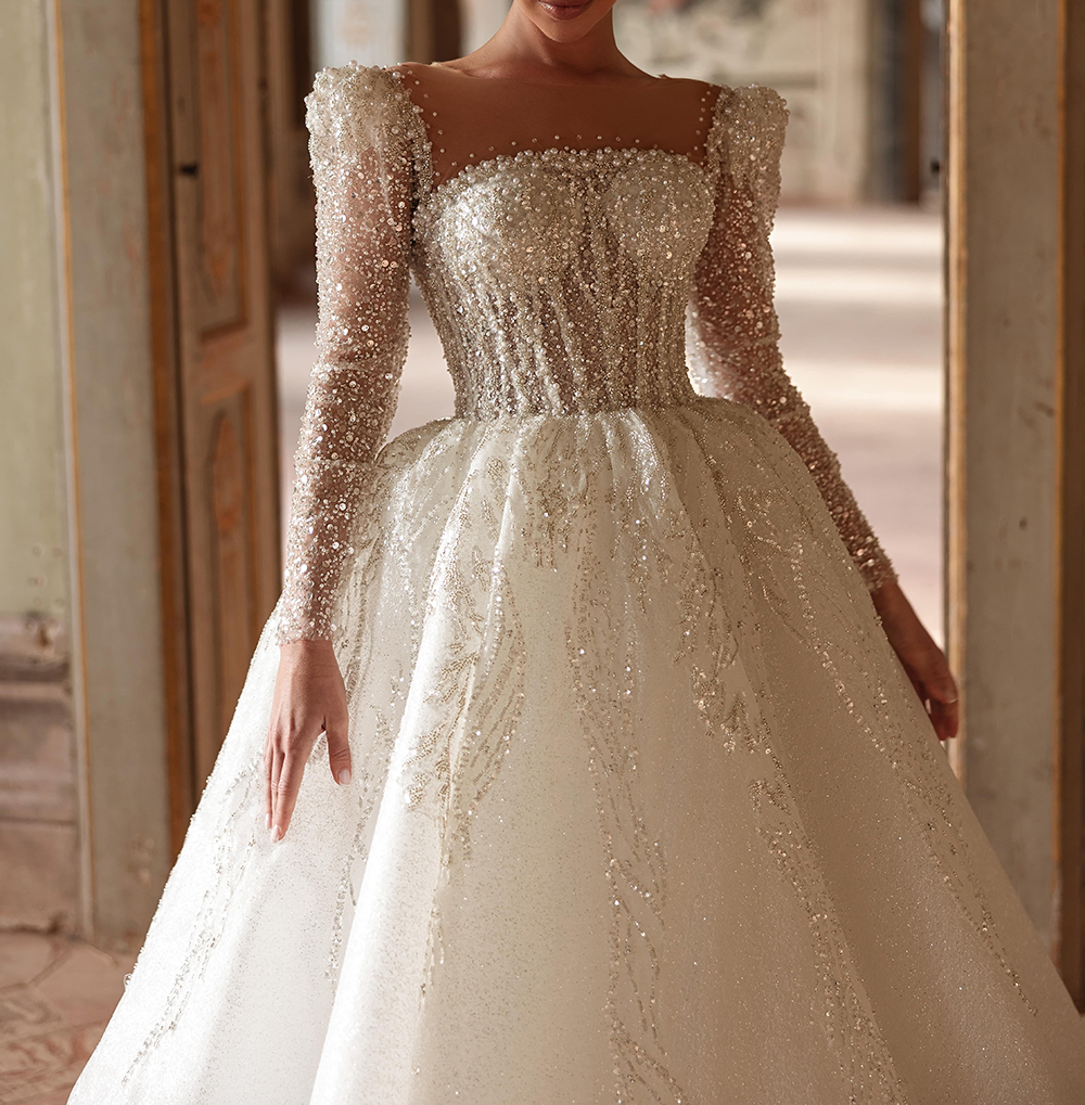 Elegant A Line Women Wedding Dress Sheer Neck Long Sleeves Bridal Gowns Sequins Pearls Sweep Train Dress Custom Made vestidos de novia