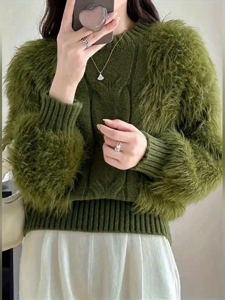Cozy Plaid Knit Sweater Women - Pullovers With Faux Fur Sleeves, Ribbed Details, Round Neck, And Soft Polyamide Fabric For Autumn/Winter Season