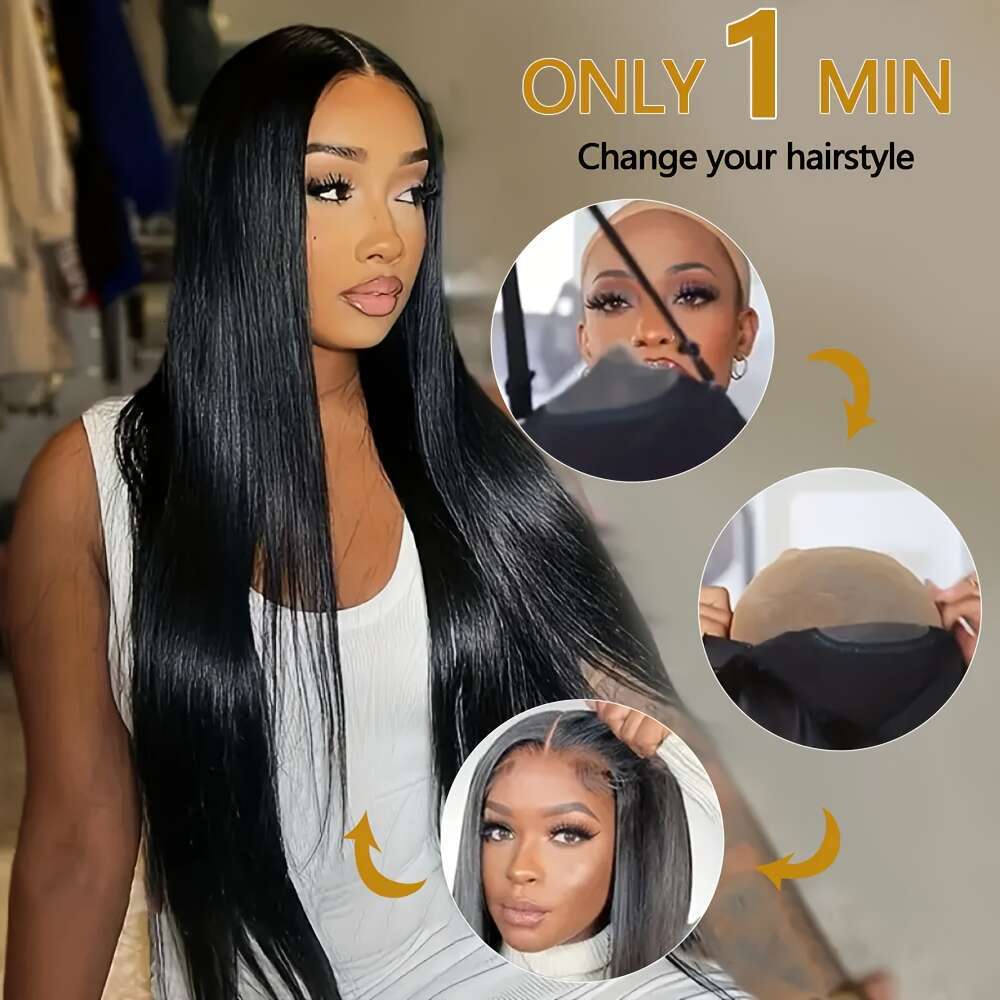 Cut Real Put On And Go Bone Straight For Women Pre Plucked 6X4 Ready Instantly Without Glue 3 Seconds To Wear Glueless Wig 200 Density Transparent Lac