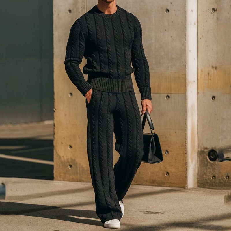 Men's Autumn and Winter New Round Neck Knitted Cable Knit Sleeve Sweater Long Pants Warm Set