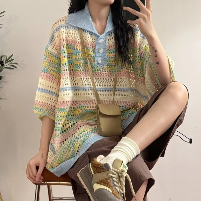 Female Tee Baggy Striped Stripe Gradient Womens Polo Shirts Korean Clothing Fashion 2025 Original Synthetic Youth Tshirts 251027