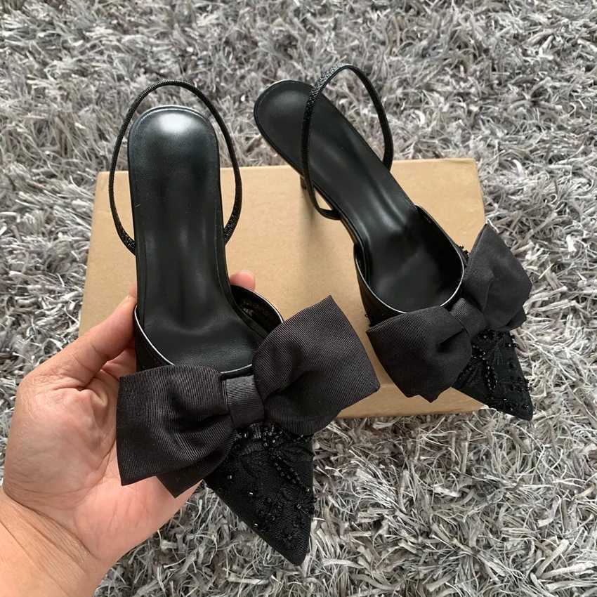 Designer Bow String Bead Women Wedding Pumps Mesh Embroidered Flowers Back Strap Sexy Slingback High Heel Dress Shoes for LadiesXJ251027