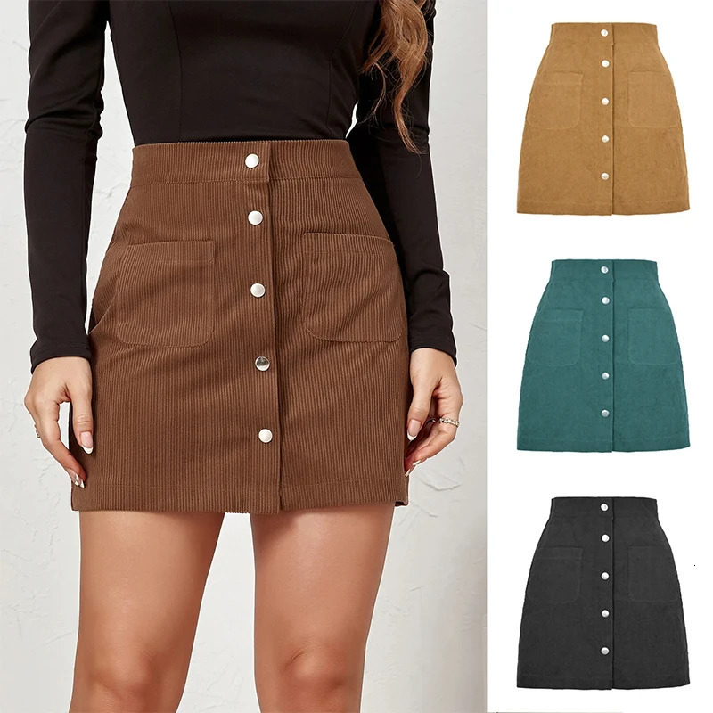 Vintage Brown Corduroy Skirts for Women Single Breasted Slim Fit Mini Skirt Woman Autumn Winter Korean Pocket Short Ladies 251027
