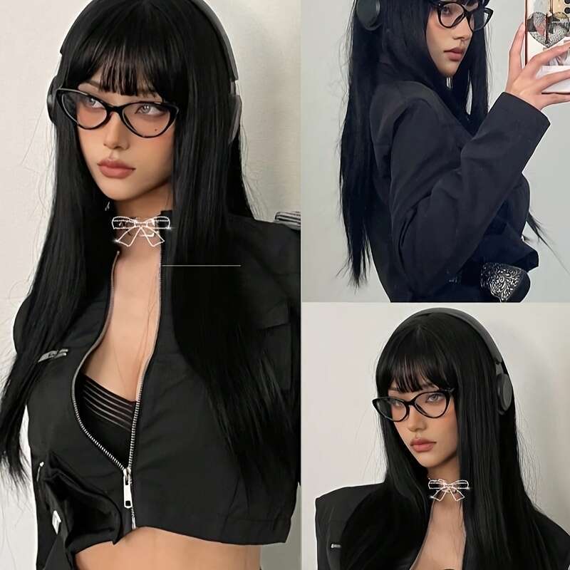 Elegant 26-Inch Long Straight Synthetic With Bangs - Heat Resistant Fiber, Versatile Black Hair For Daily Use & Cosplay Parties, Women's Closed N
