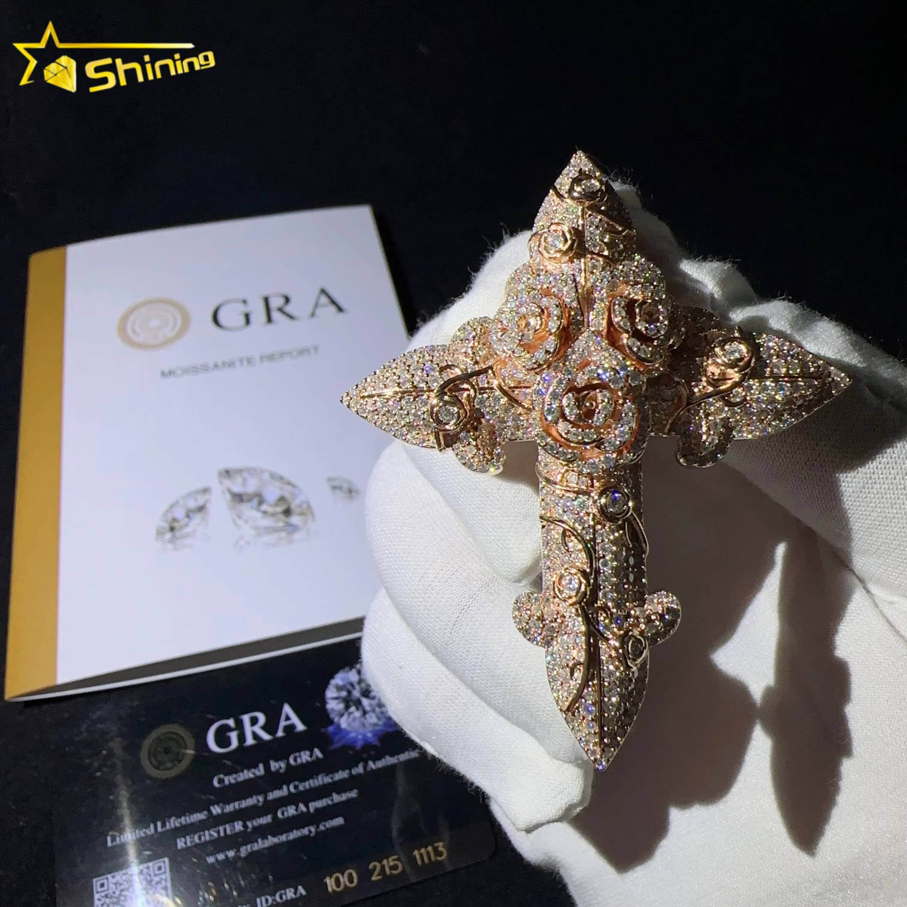 Sterling Silver 925 Custom Pendants Vvs Moissanite Lab Diamond Hip Hop Iced Out Flower Rose Gold Cross Pendant