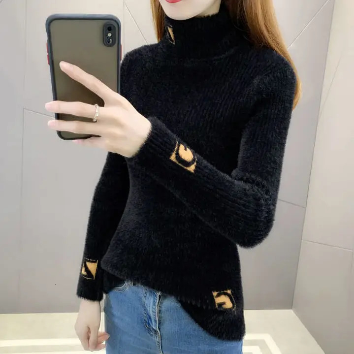 High Collar Pullover Sweater Women Mink Letter Jacquard Underlay Solid Western Knit Undercoat Autumn Winter Pullover Sweater 251027