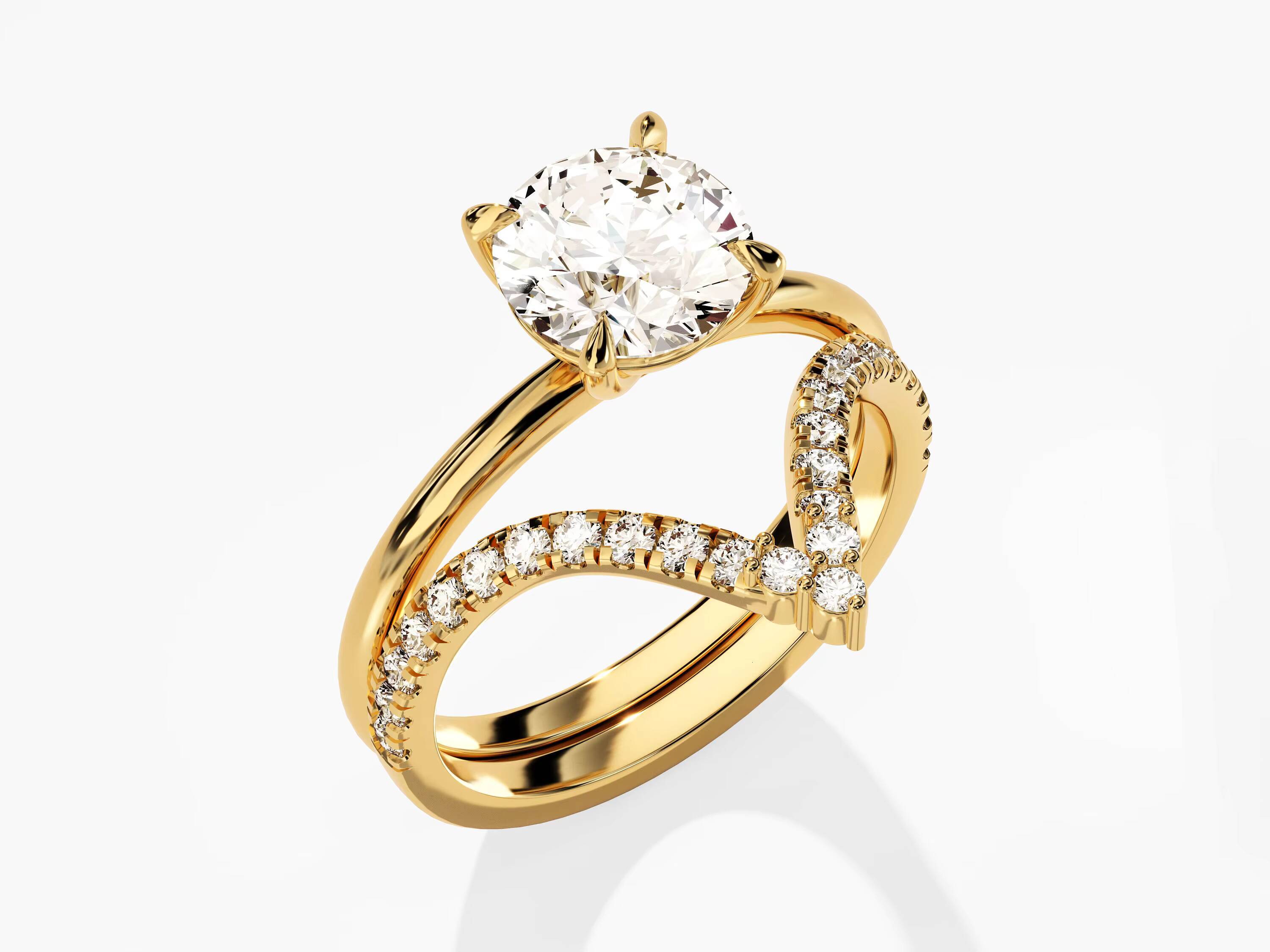 14k Gold Curved Diamond Band Bridal Set Unique Vintage Diamond Wedding Band Solitaire Ring for Womens