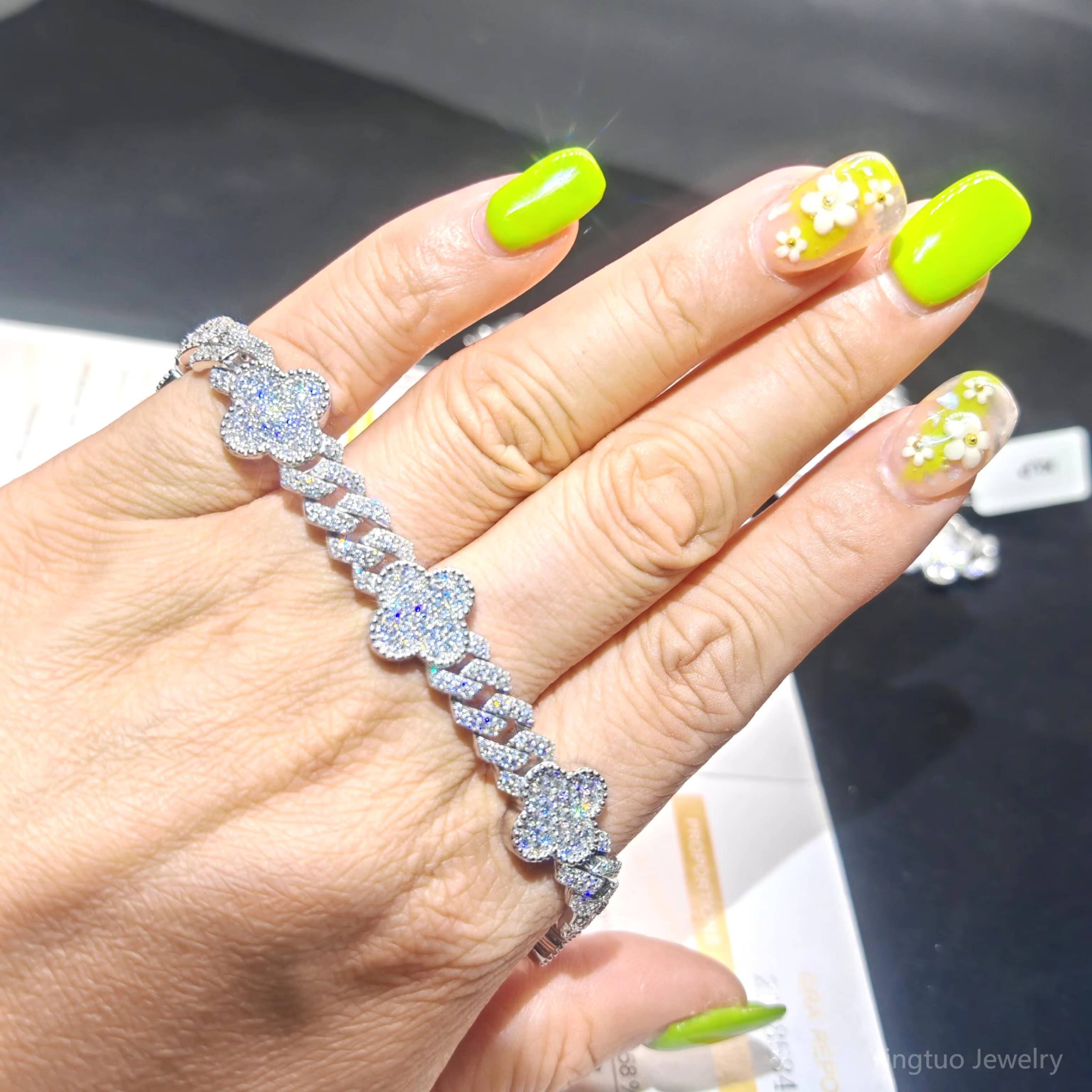 Wholesale Hip Hop Fine Jewelry S925 Silver VVS D VVS Moissanite Bracelet Iced Out Four Leaf Clover Cuban Link Chain for Men