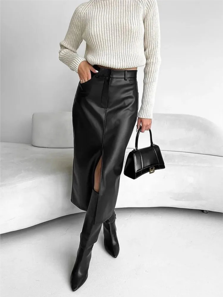 Leather Skirt High Waist Women Front Slit Spring Autumn Long Waisted Office Lady Slim Skirts Elegant Ropa De Mujer 251027