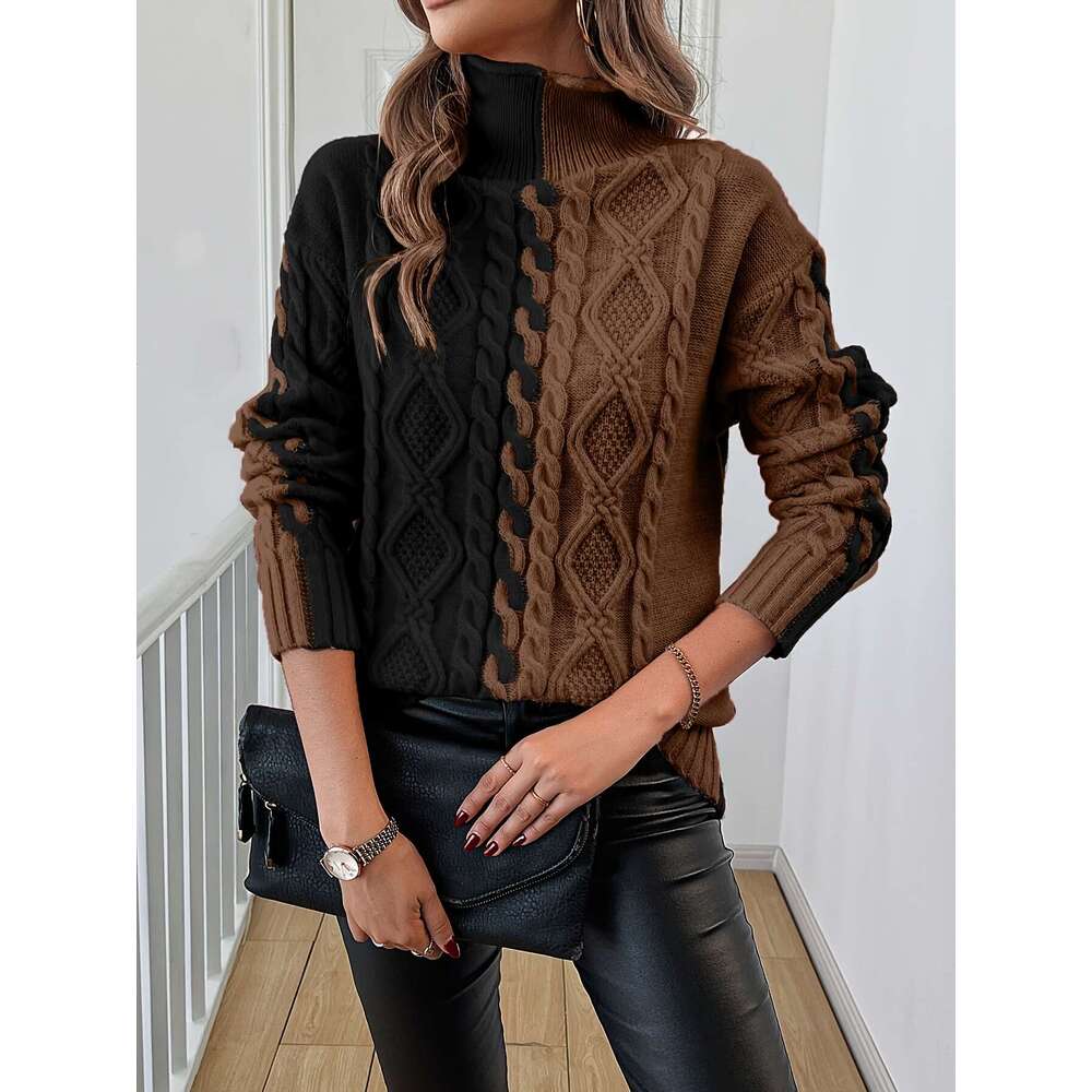 Elegant High-Neck Blouse With Vertical Stripes & Color-Blocking - Soft Stretch Long Sleeve Top, Winter Warmth, Non- Fabric For Fall/Winter Layering Of