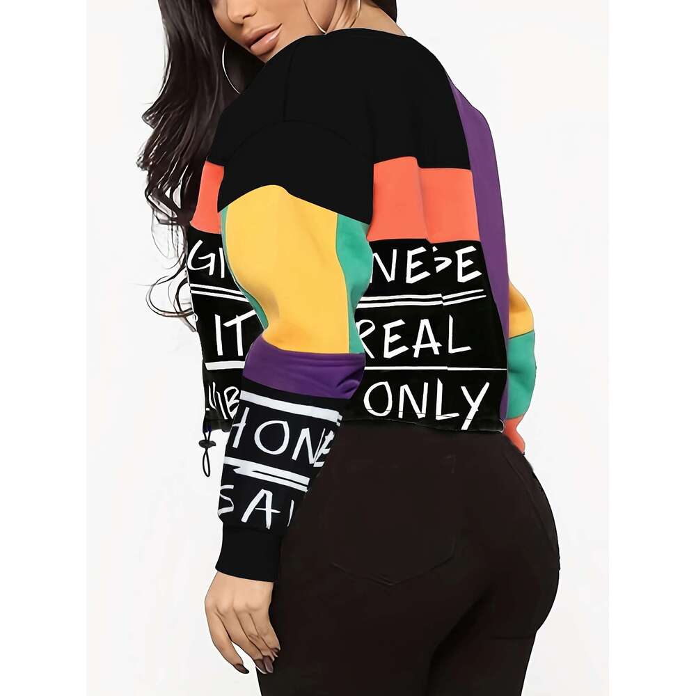 Women's Elegant Block Letter Print Pullover Top - Soft Long Sleeve Shirt With Adjustable Drawstring Waist, Hine Washable Casual Chic Blended Colo