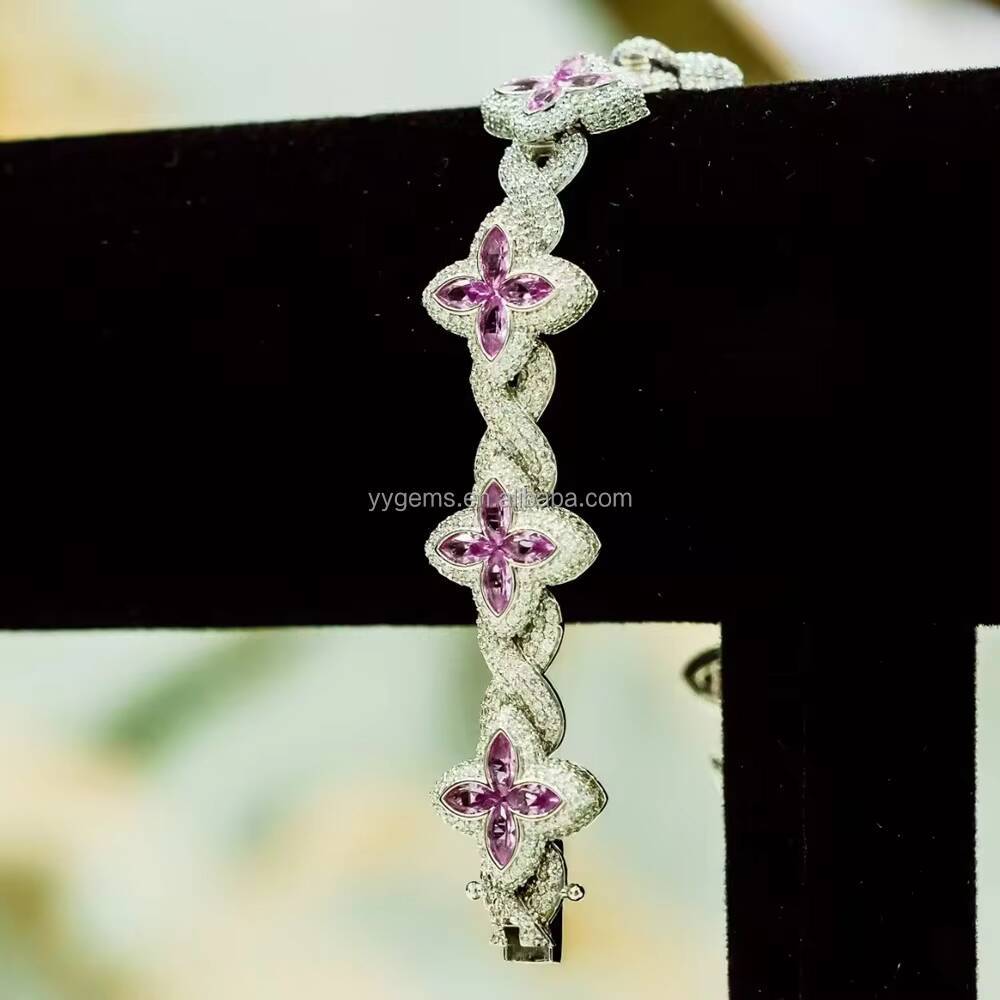 Lucky Charm Colorful Marquise Eye Moissanite Four Leaf Clover 925 Silver Cuban Chain Bracelet Mens Women Jewelry Bracelet