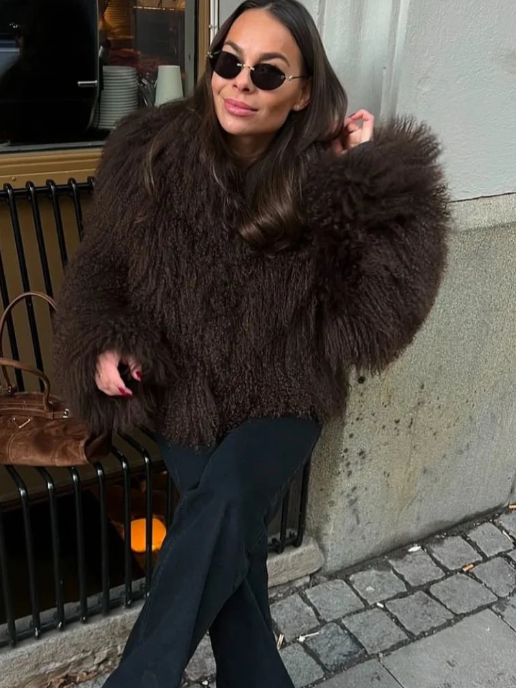 Brown Fashion Fur Coat Women Chic Fluffy Warm Long Sleeve Loose Short Jacket Winter Lady Daily Street Outerwear 251023
