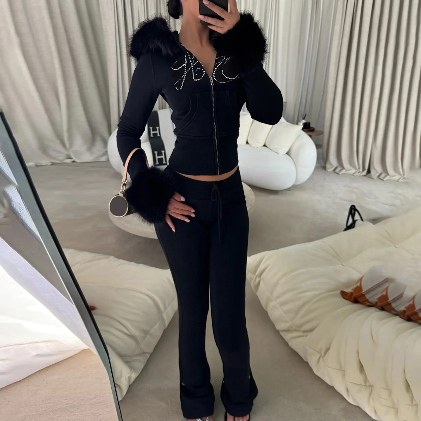 Fall Winter Diamonds Letter 2 Piece Set Tracksuits Furry Patchwork Long Sleeve Zipper Hooded Jackets Top Flare Pants Suit 251027