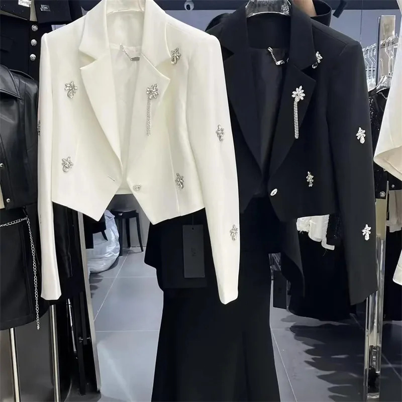 Spring Women Long Sleeve Suit Short Coat n Sense Heavy Industry Diamond studded Beads Wide Shoulders Irregular 251027