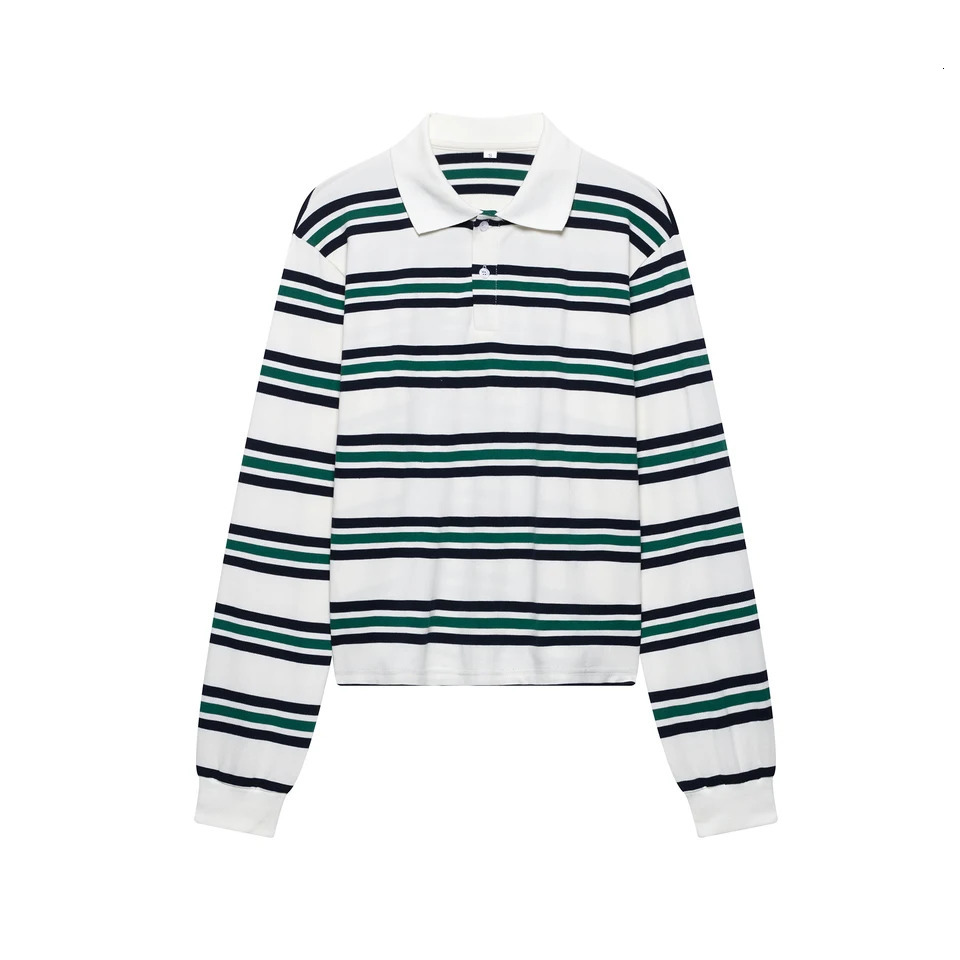 DUOPERI Women Fashion 2025 Striped Pullover Shirts Lapel Neck Long Sleeves Elegance Female Chic Lady Polo Shirt Tops 251027