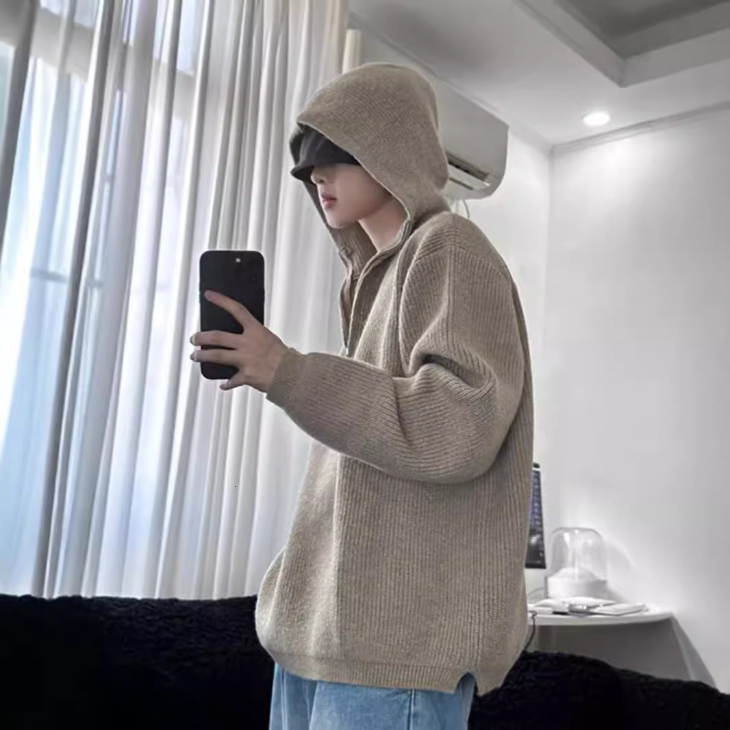 American Style Designer Sweater Casual Jacket Half Zipper Hooded Sweater Men's Autumn And Winter Trendy Brand Loose Lazy Style Knitted Sweater