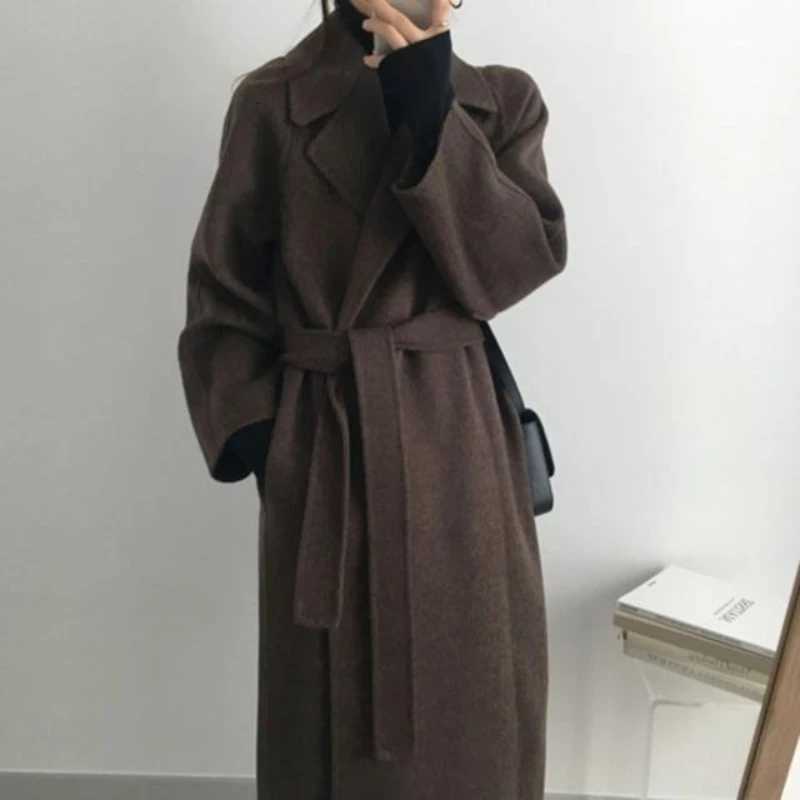 Autumn Winter Women Basic Lapel Solid Belt Woolen Coat Female Casual Commut Outwear Loose Midi Length Jacket Overcoat M251027