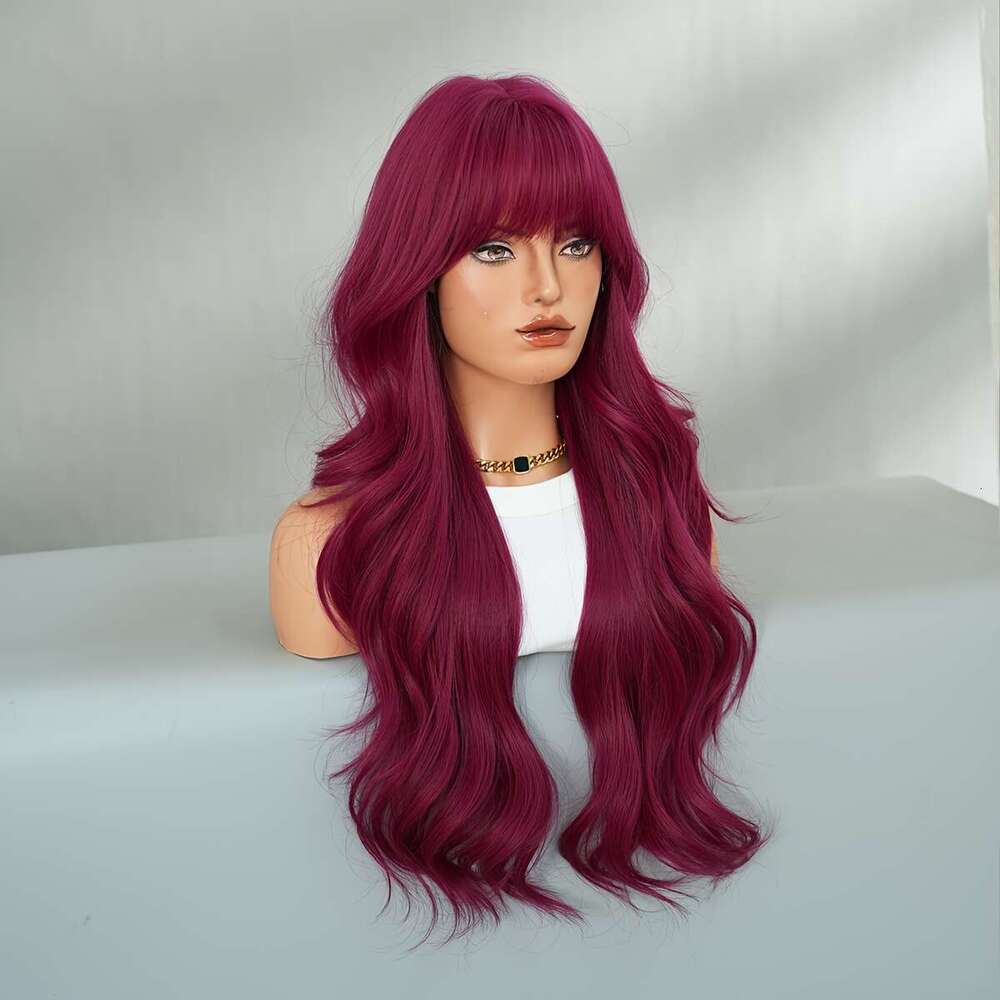 NAMM Women's Long Body Wave Purple Red Cosplay Wig With Neat Bangs Heat-Resistant Synthetic Fiber, High Density 150%, Glueless Rose Net Cap For H