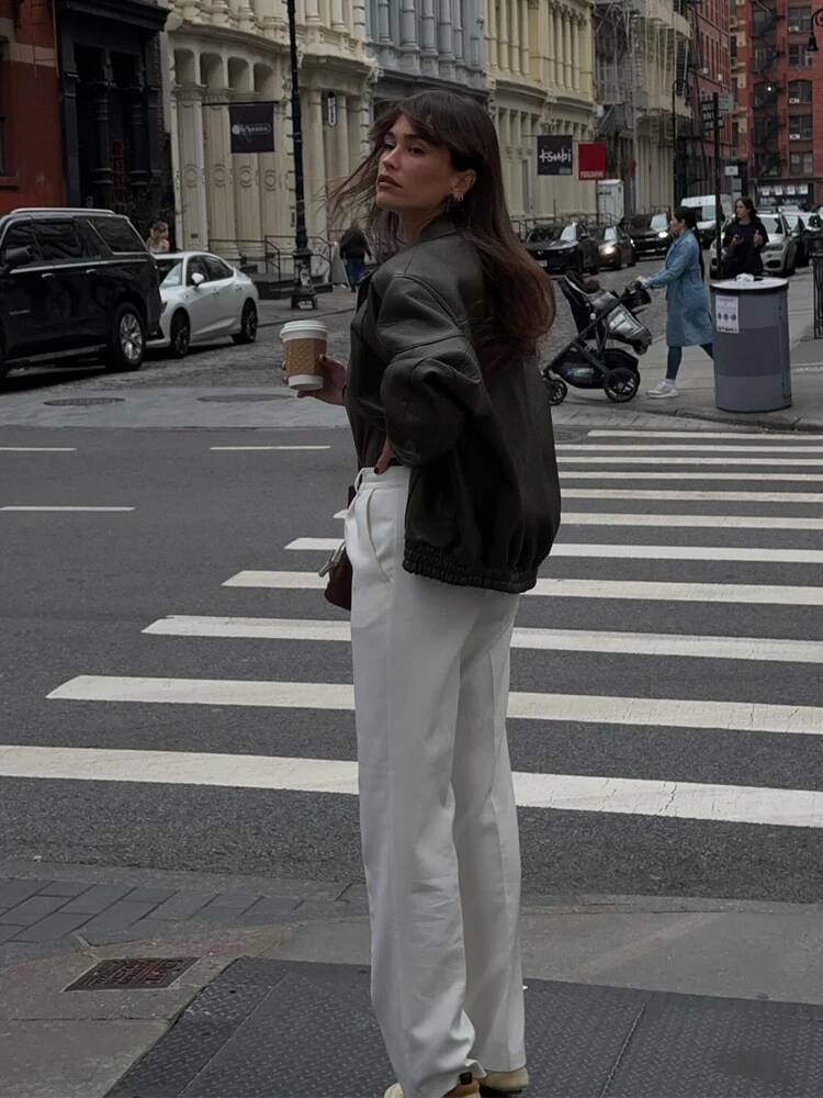 winter jacket women Green Zipper Leather Jacket Women Casual Stand Coller Long Sleeve Loose Coat Chic 2025 Lady Autumn Outerwear Daily Street Coats