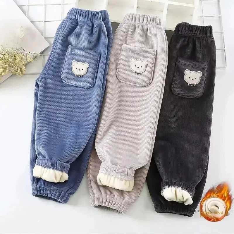 Autumnwinter Childrens Fleecelined Corduroy Pants Stylish Embroidery Casual Warm Trousers For Boys GirlsT251027