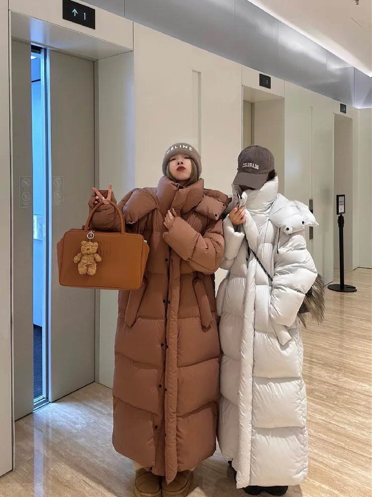 Winter Women Casual Long Sleeve Outerwear Solid Color Hooded Maxi XLong Parkas Jacket Oversized Single Breasted Warm Coat 251027