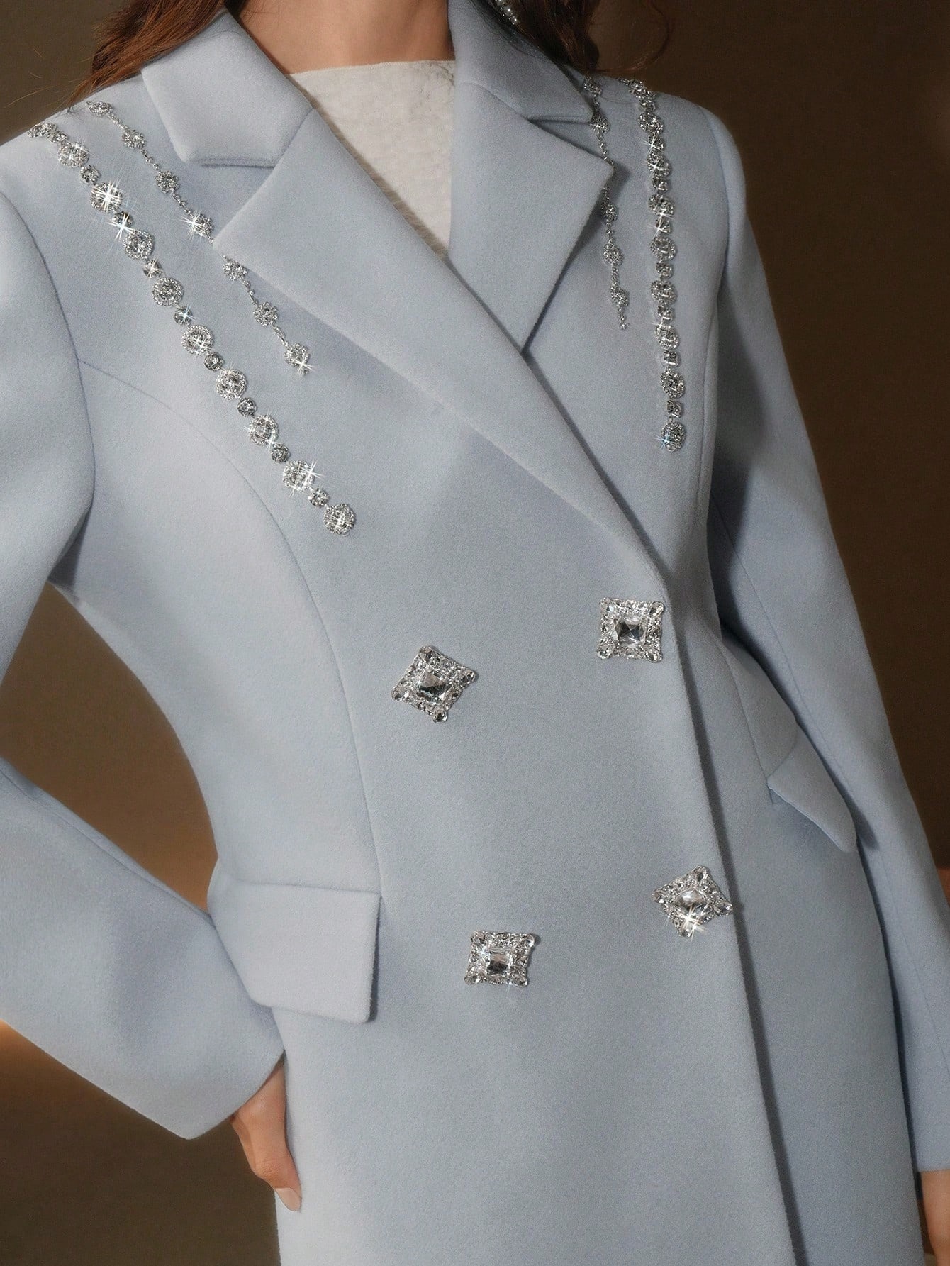 Elegant Crystal Long Coat For Women Warm Notched Lapel Double Breasted Jacket Only Blazer Custom Made