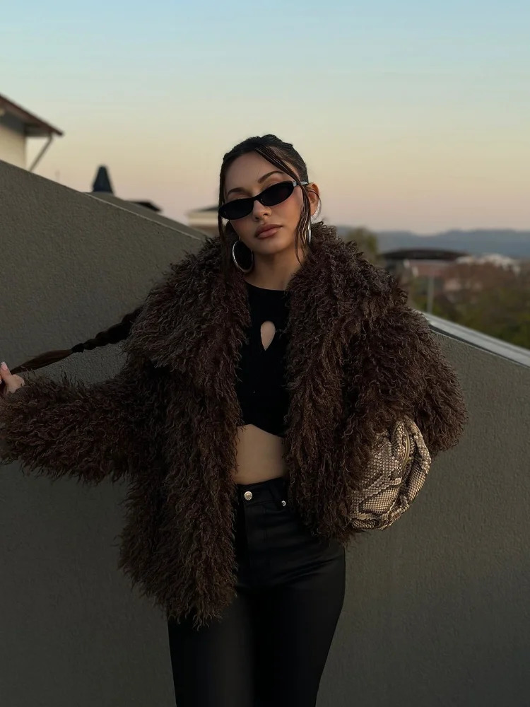 Brown Fashion Fur Coat Women Chic Fluffy Warm Long Sleeve Loose Short Jacket Winter Lady Daily Street Outerwear 251023