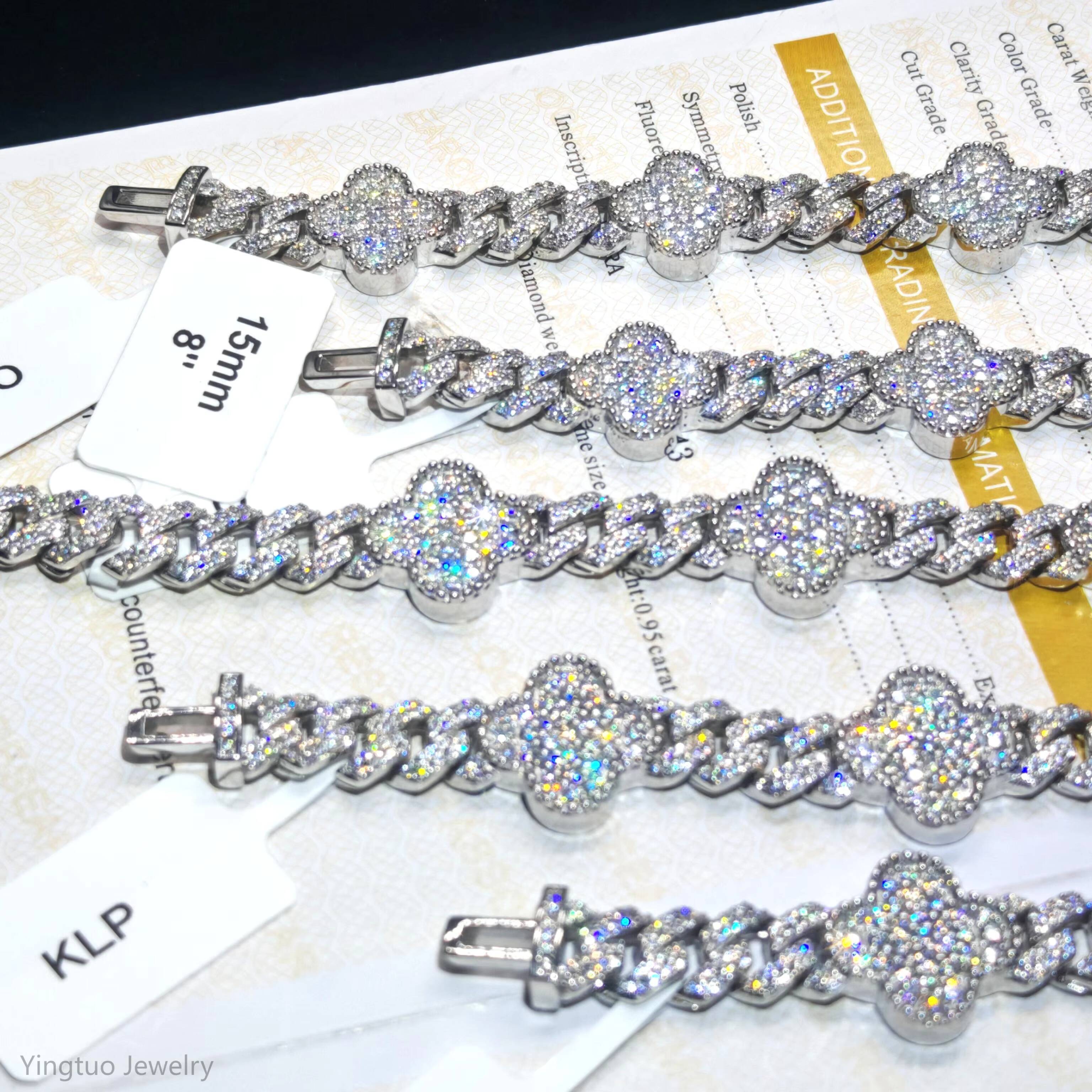 Wholesale Hip Hop Fine Jewelry S925 Silver VVS D VVS Moissanite Bracelet Iced Out Four Leaf Clover Cuban Link Chain for Men