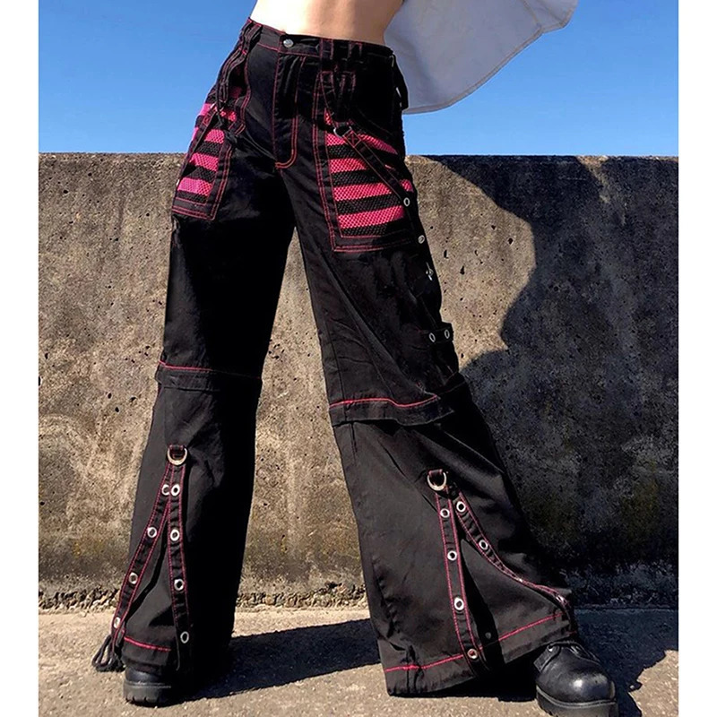 Women Gothic Cargo Jeans Wide Straight Leg Punk Grunge Baggy Pants Goth Aesthetic Streetwear Trousers 251027