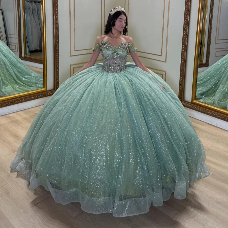 Sage Green Quinceanera Dresses Off The Shoulder Lace Beading Crystal Tull Party Birthday Sweet 16 Dress Vestidos 15 De