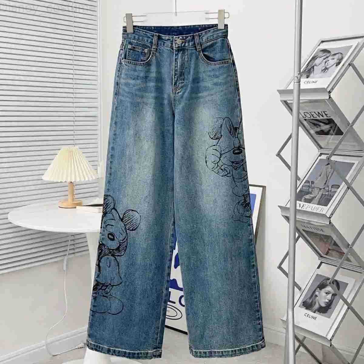 Disney Mickey Graffiti Print Loose Wide Leg Jeans Elastic High Waisted Straight Leg Pants Korean Version Fashion Versatile Pants H251027