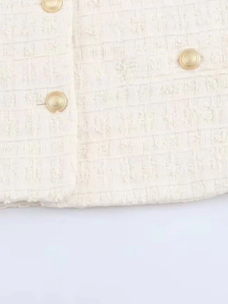 Womens Long Sleeve Tweed Jacket Front Pockets Golden Buttons O Neck Coat Female Outerwear Chic Tops Fashion 251027