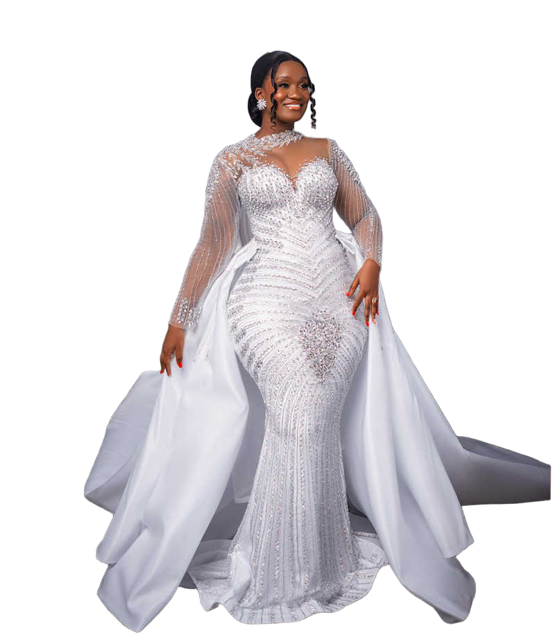 Sexy Mermaid Wedding Dress Bridal High Neck Long Sleeve Bride Gowns Beaded Lace Pearls with Detachable Train Customized Vestidos De Novia