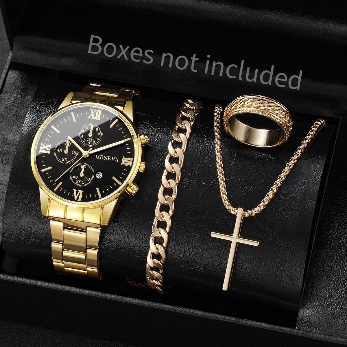 4PCSSet Luxury Men Business Watches Fashion Roma Dial Calendar Quartz Watch Jewelry Set Reloj HombreWithout BoxT251027