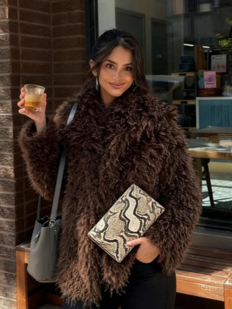 Brown Fashion Fur Coat Women Chic Fluffy Warm Long Sleeve Loose Short Jacket Winter Lady Daily Street Outerwear 251023
