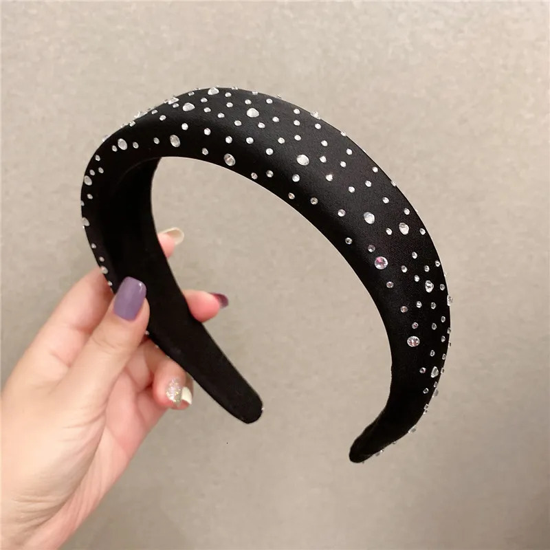 Black Padded Headband Rhinestones for Women Spring Hair Accessories Solid Sponge Thick Hairband Crystals Head Hoop 251023