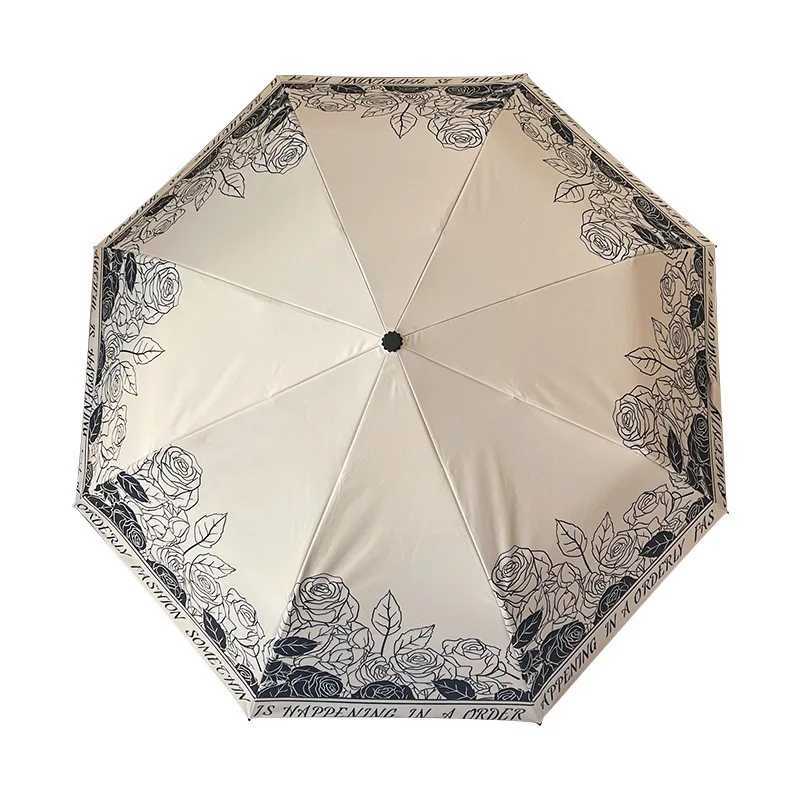 High Appearance Level Retro French Black and White with Girls Sunshade UV Triple Fold Automatic Clear Umbrella C251027