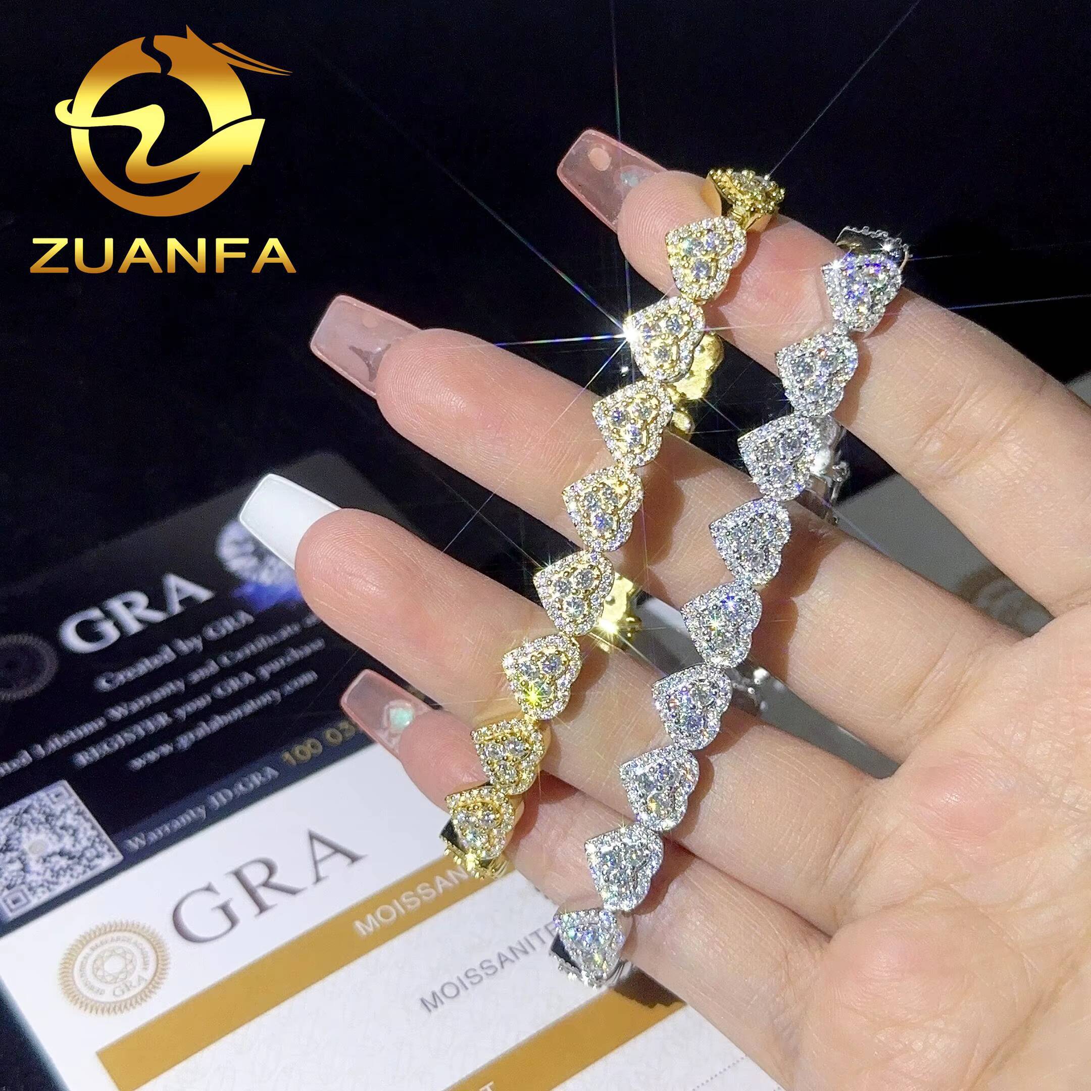 Fine Jewelry 8mm Heart Shape VVS Moissanite Cuban Link Bracelet 925 Silver Moissanite Hip Hop Jewelry Cuban Chain for Men Women