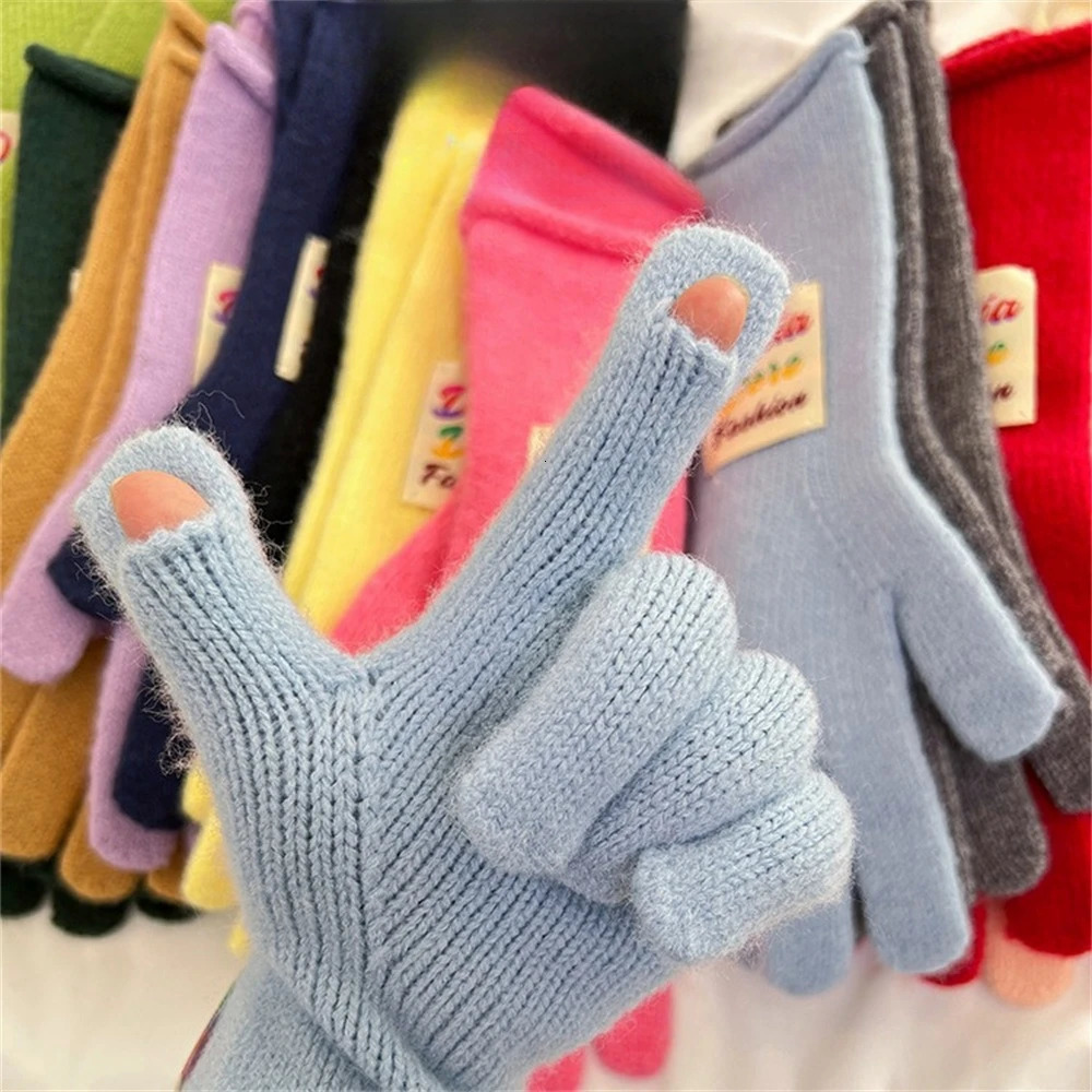 Solid Color Woolen Knitted Gloves Korean Long Split Finger Gloves Women Winter Thickened Student Mitten Touch Screen Work Gloves 251024