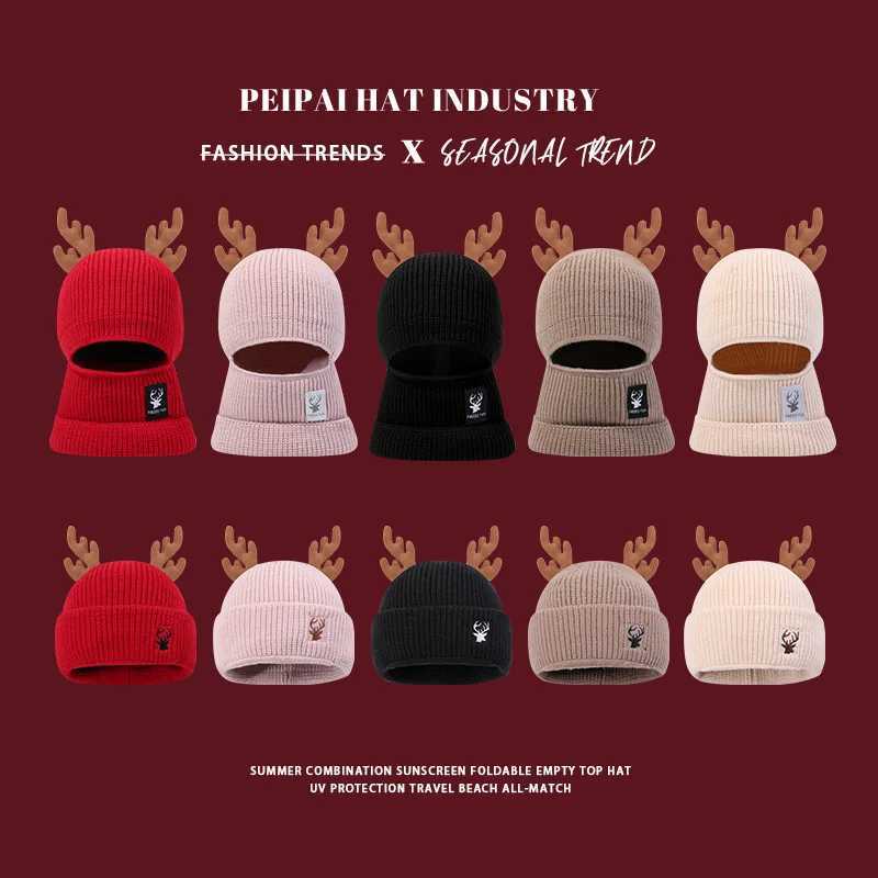 Christmas Balaclava Antler Foldable Two Way Knit Hat Red New Year Warm BeanieW251027