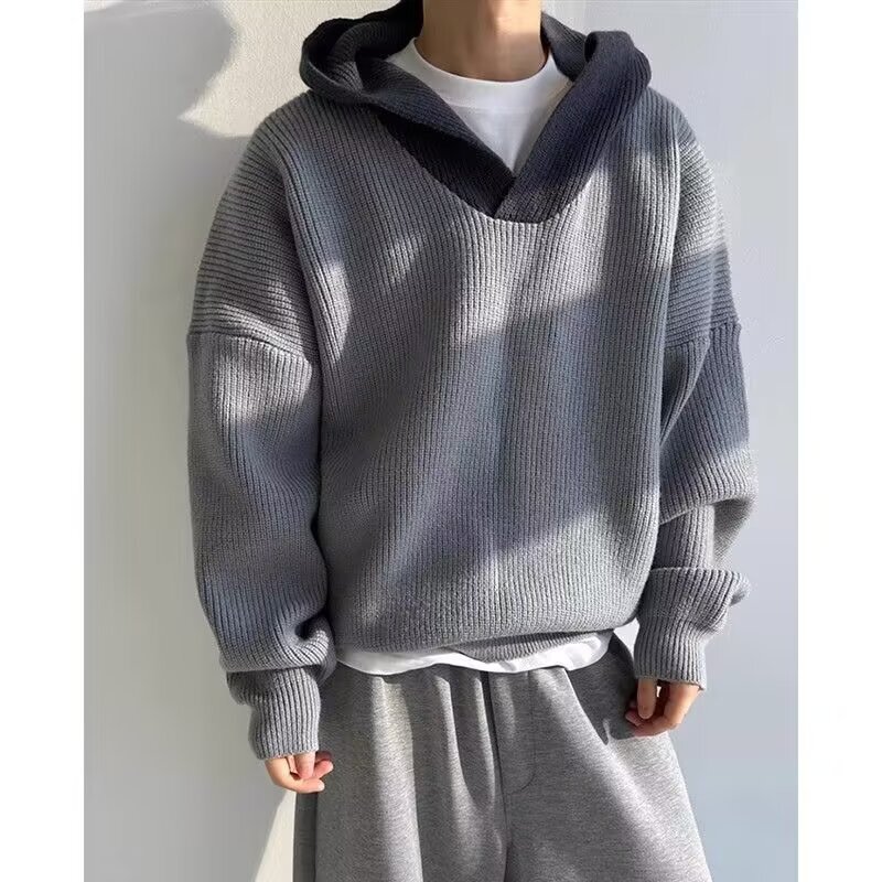 Autumn Winter Color-block V-neck Hooded Designer Sweater Knit Sweater Men's Lazy Style Trendy High Street Pullover Simple Sweater Jacket