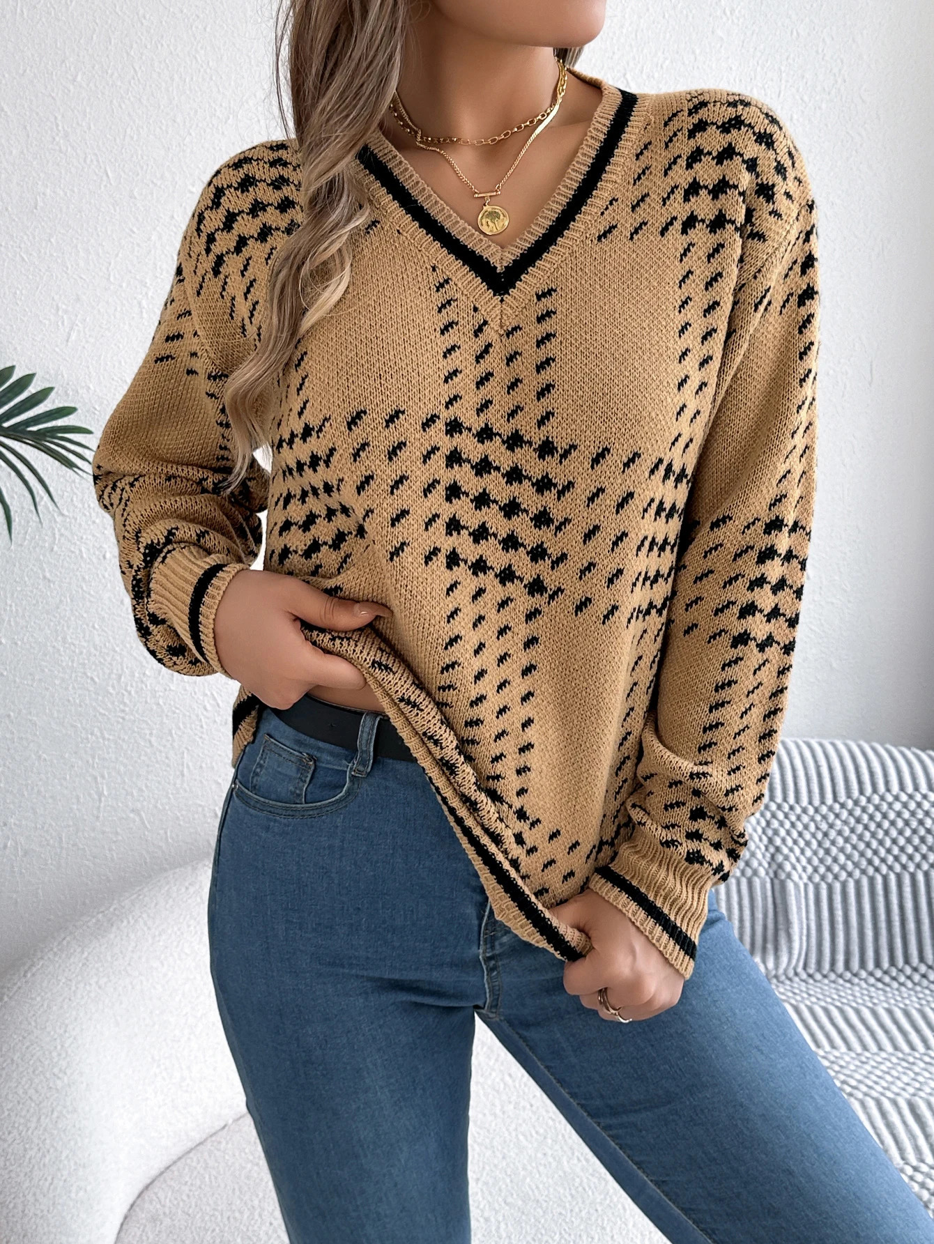 Womens V Neck Color Block Girds Striped Sweaters for Autumn Winter Casual Lantern Long Sleeve Knitted Pullover Warm Tops 251027