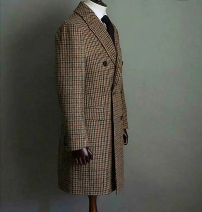 Autumn And Winter Men Wool Brown Houndstooth Overcoat Doublebreasted Lapel Warm Long Coat Formal Clothing 251016