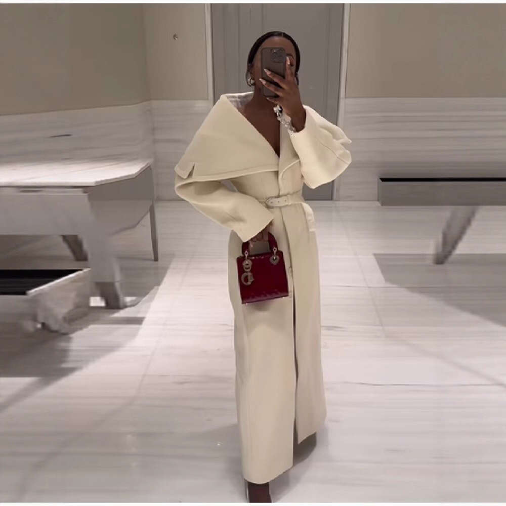 Elegant Women's Woolen Coat Lapel Full Sleeve Button Lady Long Coats With Belt 2025 Autumn Winter Fashion Female Streetwear