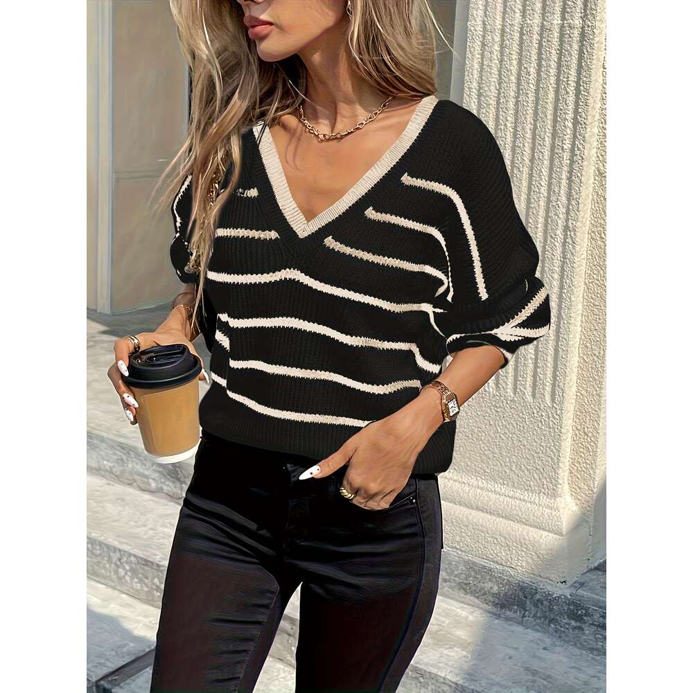 Elegant French-Inspired Elegant French-Inspired Women's V-Neck Sweater Striped Tie-Back Pullover Long Sleeve Button-Up Front Loose Fit Casual Win