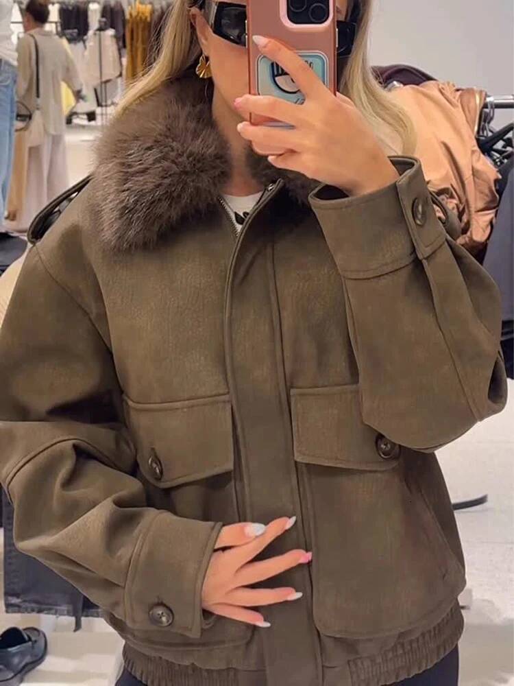 winter jacket women HHWinter Vintage Suede For Women Detachable Collar Lapel Pockets Long Sleeves Causal Outerwear Street Fashion Coats