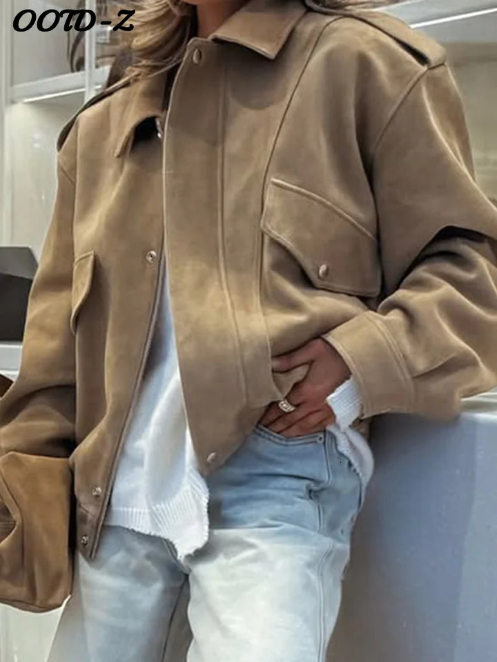 Retro Solid Suede Bomber Jacket Women Street Lapel Single Breasted Full Sleeves Zipper Pockets Coat Female Autumn Casual Outwear 251027