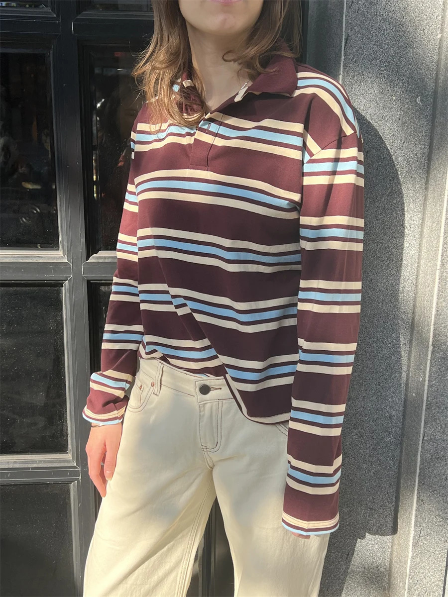 Summer Polo Shirts Woman Long Sleeve Crop Top Color Block Green Striped Print Polo Shirts Mujer Casual Tops Striped Brown Autumn 251027